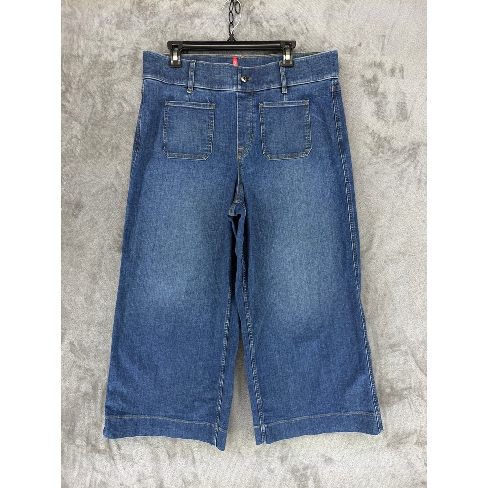 Spanx Womens Blue Cropped Wide Leg Jeans High Rise Patch Pocket 1X‎ 20621R